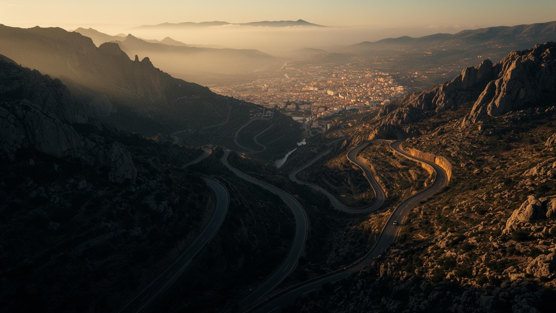 Vast cinematic open-world landscape at golden hour with winding mountain roads leading to a distant city